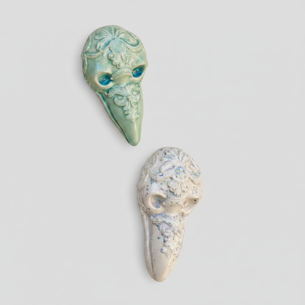 Baroque Raven Skull Ceramic Wall Hanging – Gothic Curiosity Relic, 10 × 5 cm by Red Raven Pottery
