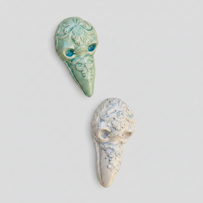 Baroque Raven Skull Ceramic Wall Hanging – Gothic Curiosity Relic, 10 × 5 cm by Red Raven Pottery