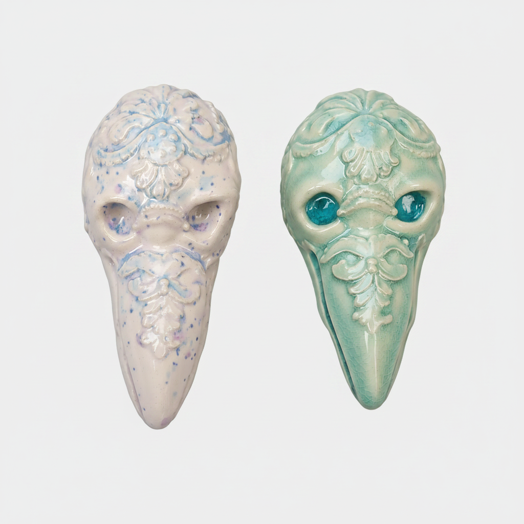 Baroque Raven Skull Ceramic Wall Hanging – Gothic Curiosity Relic, 10 × 5 cm by Red Raven Pottery