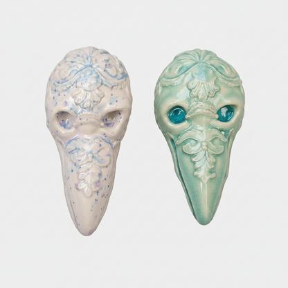 Baroque Raven Skull Ceramic Wall Hanging – Gothic Curiosity Relic, 10 × 5 cm by Red Raven Pottery