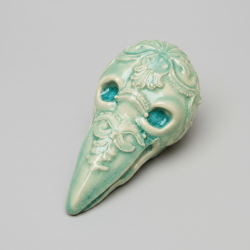 Baroque Raven Skull Ceramic Wall Hanging – Gothic Curiosity Relic, 10 × 5 cm by Red Raven Pottery