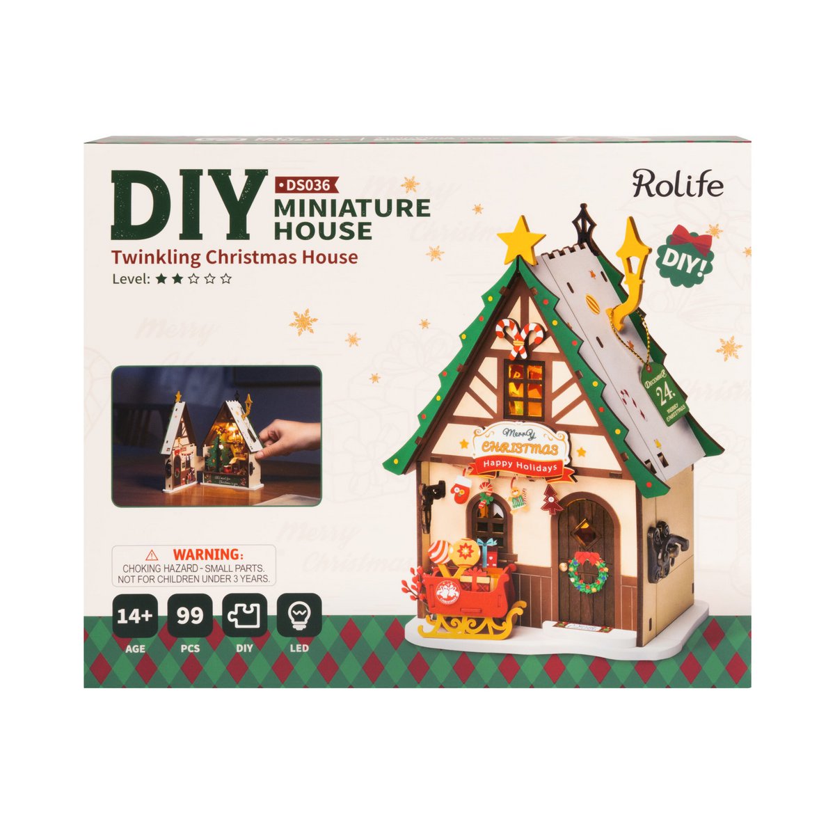Twinkling Christmas House DIY Wooden Miniature Kit – Festive Holiday Cottage, 46 Pieces