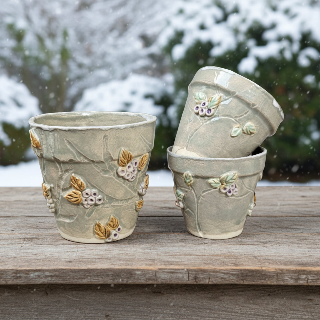 Berry Vine Ceramic Planters – Set of 3 Botanical Vessels, various sizes by Red Raven Pottery