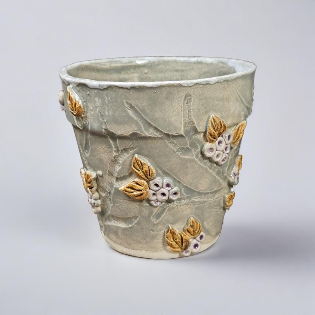 Berry Vine Ceramic Planters – Set of 3 Botanical Vessels, various sizes by Red Raven Pottery