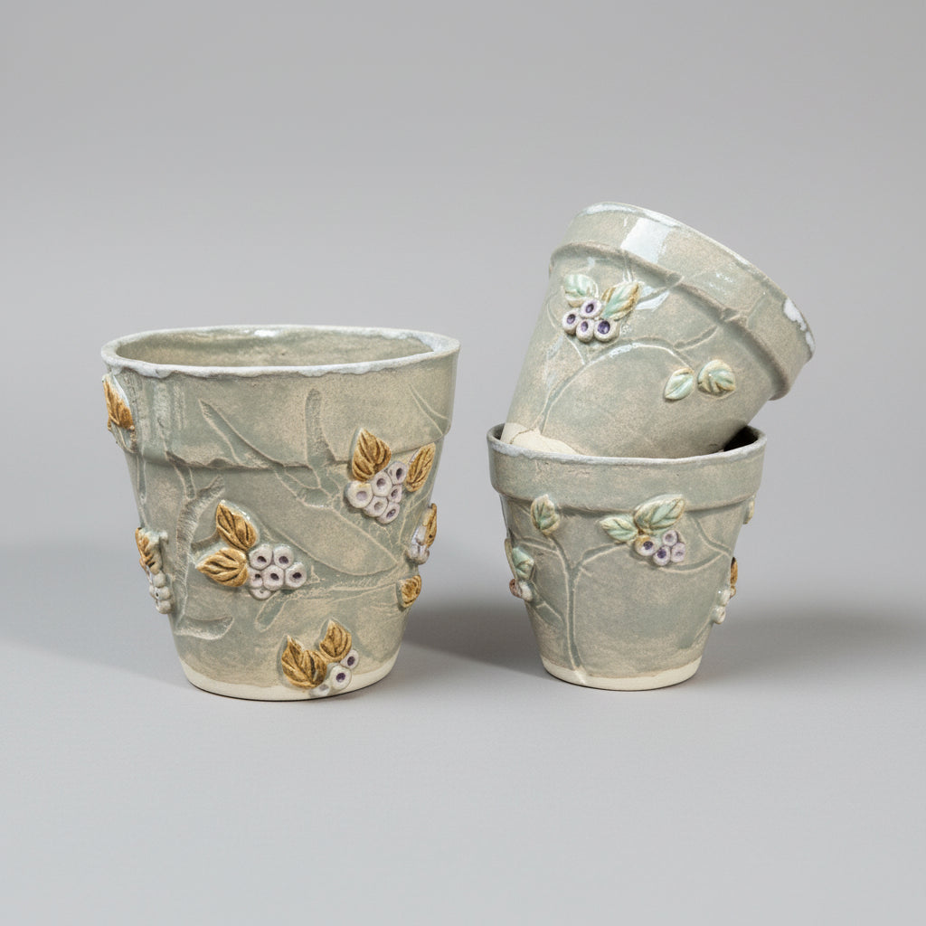 Berry Vine Ceramic Planters – Set of 3 Botanical Vessels, various sizes by Red Raven Pottery