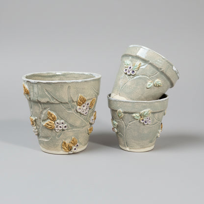 Berry Vine Ceramic Planters – Set of 3 Botanical Vessels, various sizes by Red Raven Pottery