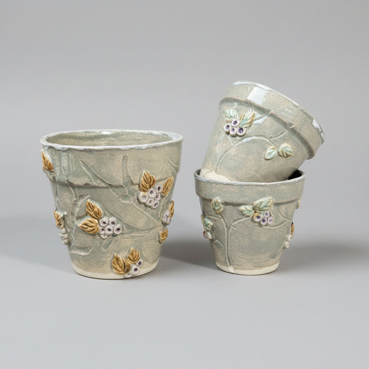 Berry Vine Ceramic Planters – Set of 3 Botanical Vessels, various sizes by Red Raven Pottery