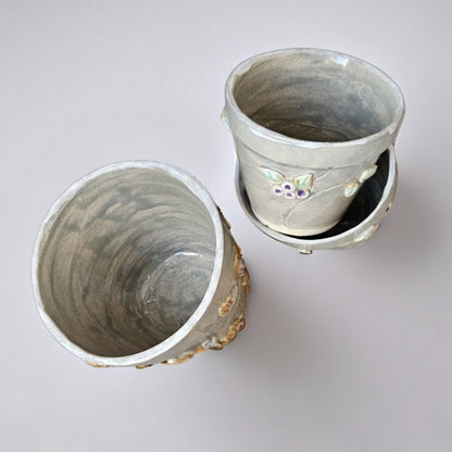 Berry Vine Ceramic Planters – Set of 3 Botanical Vessels, various sizes by Red Raven Pottery