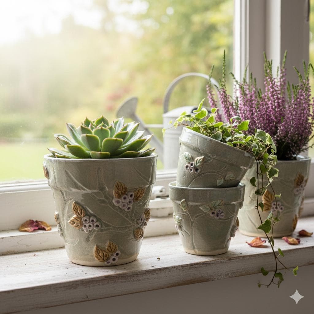 Berry Vine Ceramic Planters – Set of 3 Botanical Vessels, various sizes by Red Raven Pottery