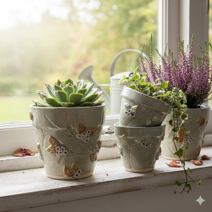 Berry Vine Ceramic Planters – Set of 3 Botanical Vessels, various sizes by Red Raven Pottery