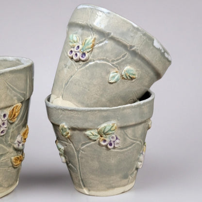Berry Vine Ceramic Planters – Set of 3 Botanical Vessels, various sizes by Red Raven Pottery