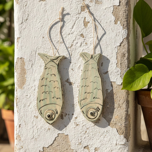 Boho Sardine Ceramic Hanging – Mediterranean Coast Ornament, 18 × 7.5 cm / 16 × 6.5 cm by Red Raven Pottery