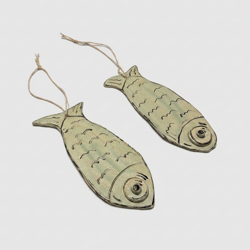 Boho Sardine Ceramic Hanging – Mediterranean Coast Ornament, 18 × 7.5 cm / 16 × 6.5 cm by Red Raven Pottery