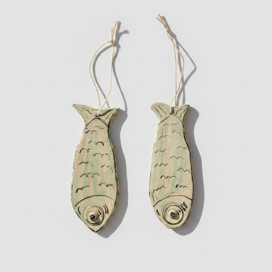 Boho Sardine Ceramic Hanging – Mediterranean Coast Ornament, 18 × 7.5 cm / 16 × 6.5 cm by Red Raven Pottery