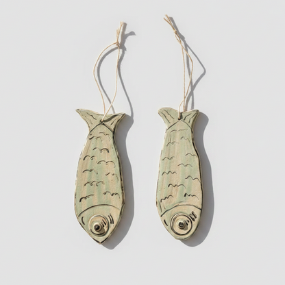 Boho Sardine Ceramic Hanging – Mediterranean Coast Ornament, 18 × 7.5 cm / 16 × 6.5 cm by Red Raven Pottery