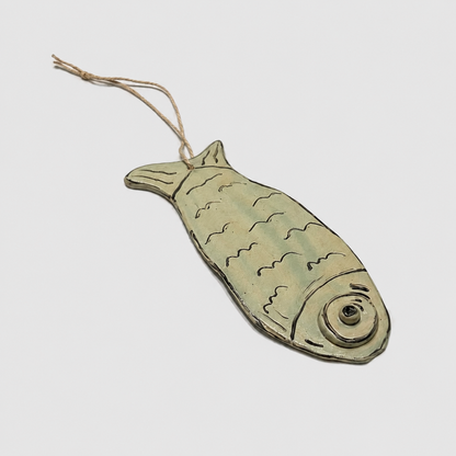 Boho Sardine Ceramic Hanging – Mediterranean Coast Ornament, 18 × 7.5 cm / 16 × 6.5 cm by Red Raven Pottery