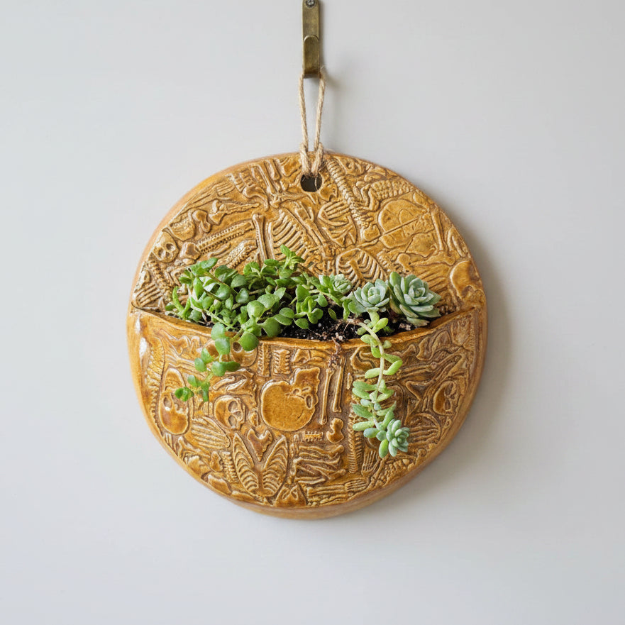 Bone Crypt Ceramic Wall Planter – Gothic Succulent Pocket, Ø13.5 × 5 cm by Red Raven Pottery
