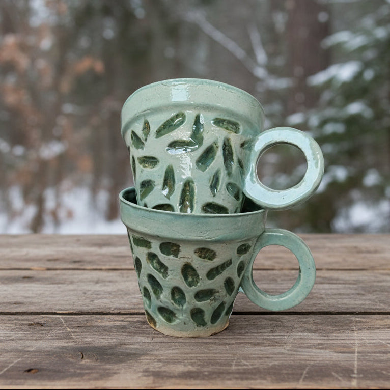 Botanical Brushstroke Ceramic Coffee Cups – Set of 2 Morning Companions, Ø8.5×7.5 cm by Red Raven Pottery