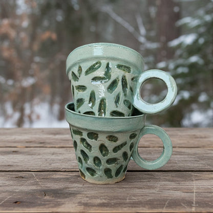 Botanical Brushstroke Ceramic Coffee Cups – Set of 2 Morning Companions, Ø8.5×7.5 cm by Red Raven Pottery