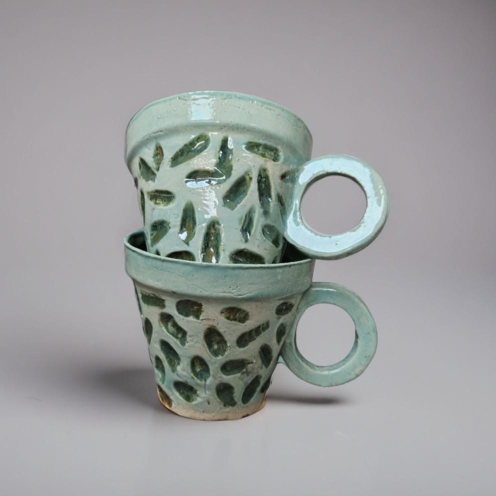 Botanical Brushstroke Ceramic Coffee Cups – Set of 2 Morning Companions, Ø8.5×7.5 cm by Red Raven Pottery