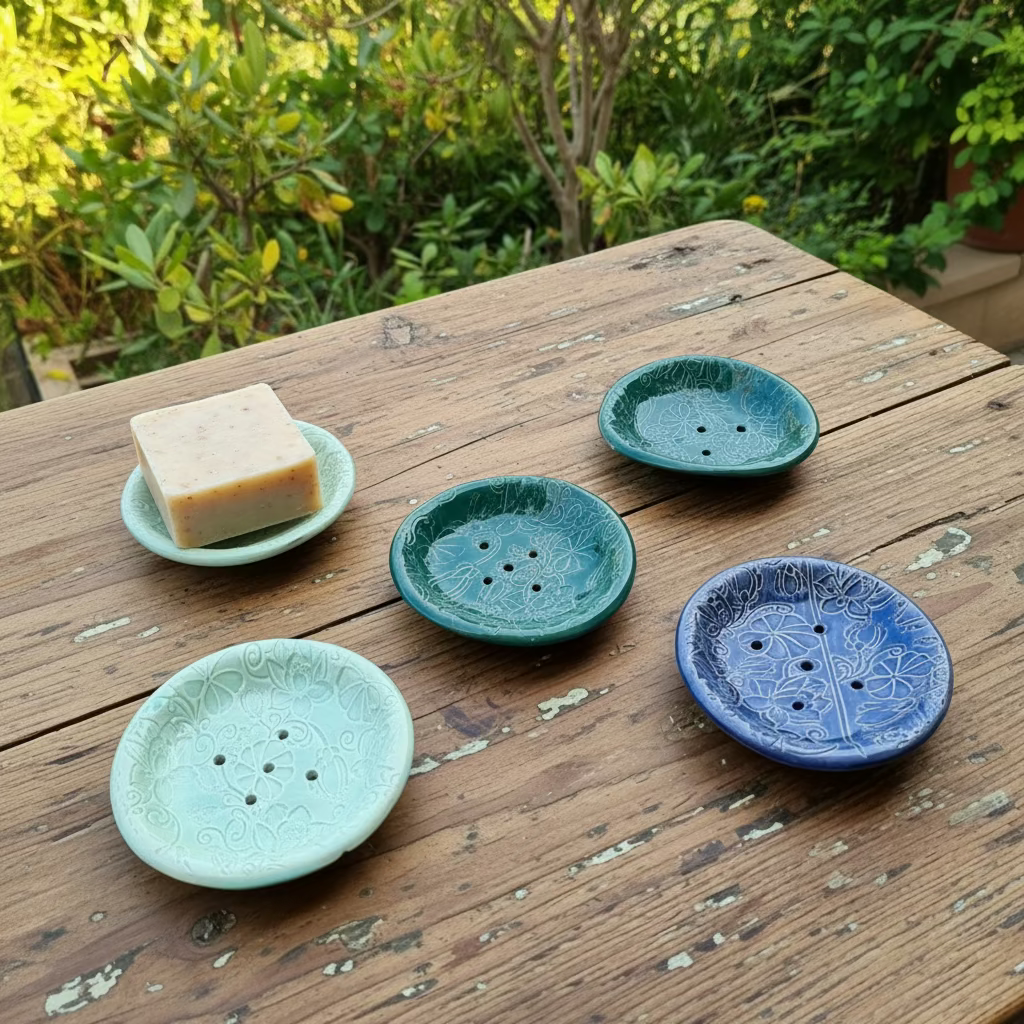 Botanical Charm Handmade Ceramic Soap Dish – Garden Ritual for Bathroom & Kitchen, Ø10 × 2 cm