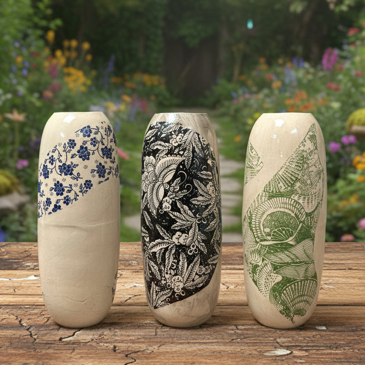 Botanical Transfer Ceramic Vase – Spring Garden Impressions, Ø7.5×21 cm by Red Raven Pottery