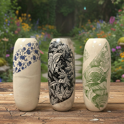 Botanical Transfer Ceramic Vase – Spring Garden Impressions, Ø7.5×21 cm by Red Raven Pottery