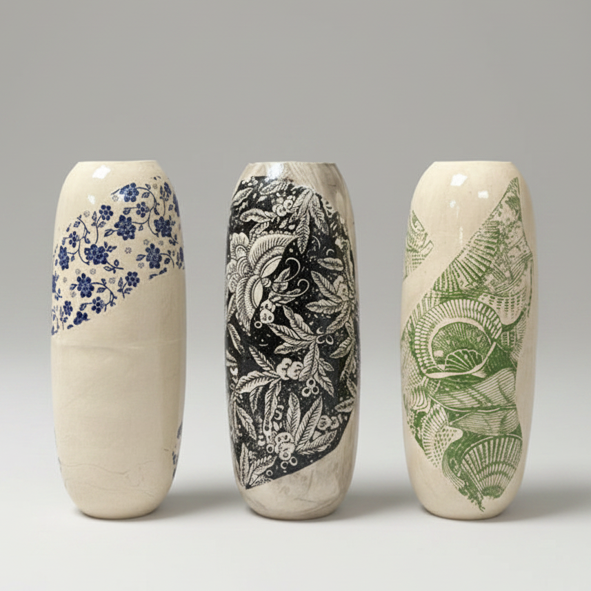 Botanical Transfer Ceramic Vase – Spring Garden Impressions, Ø7.5×21 cm by Red Raven Pottery