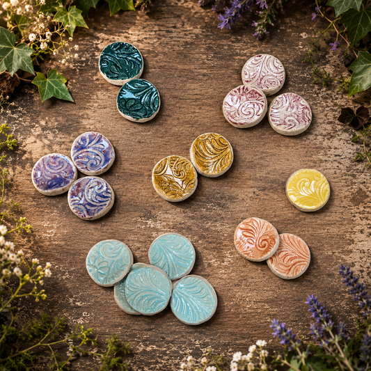 Botanical Vibe Ceramic Fidgets – Grounding Tokens for ADHD, PTSD & Spectrum Relief, Ø2×0.5 cm by Red Raven Pottery