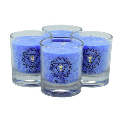 Visuddha Chakra Candles – Set of 4 Throat Energy Glass Candles, Blue, 6cm