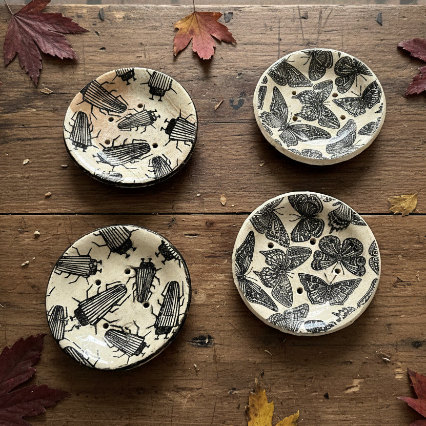 Cabinet of Creepers Handmade Ceramic Soap Dish – Insect & Moth Curiosity, Ø10 × 2 cm by Red Raven Pottery