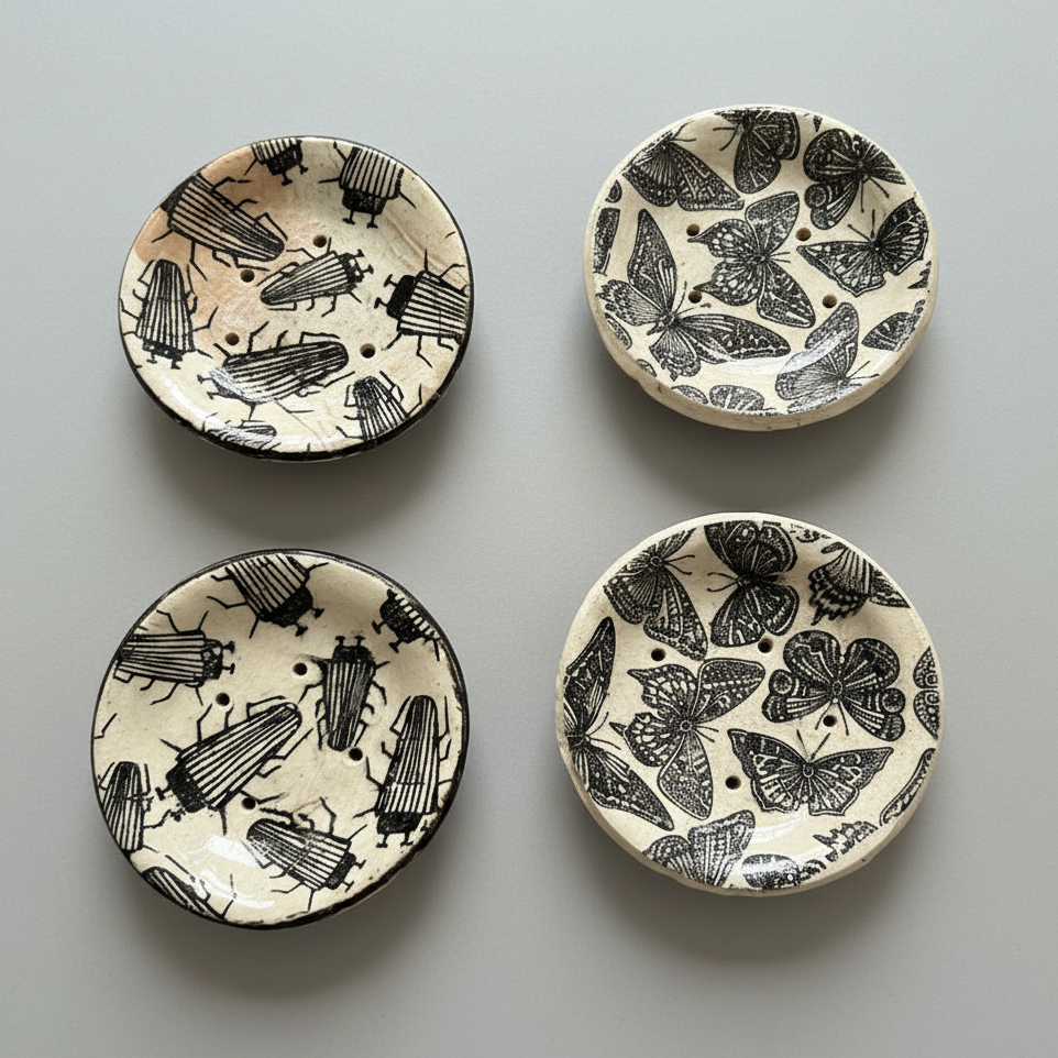 Cabinet of Creepers Handmade Ceramic Soap Dish – Insect & Moth Curiosity, Ø10 × 2 cm by Red Raven Pottery