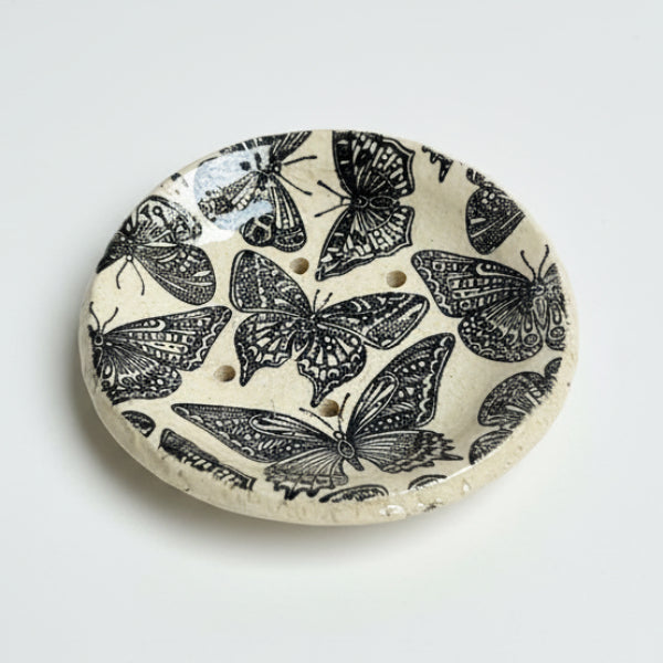 Cabinet of Creepers Handmade Ceramic Soap Dish – Insect & Moth Curiosity, Ø10 × 2 cm by Red Raven Pottery
