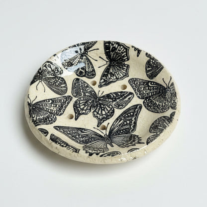 Cabinet of Creepers Handmade Ceramic Soap Dish – Insect & Moth Curiosity, Ø10 × 2 cm by Red Raven Pottery