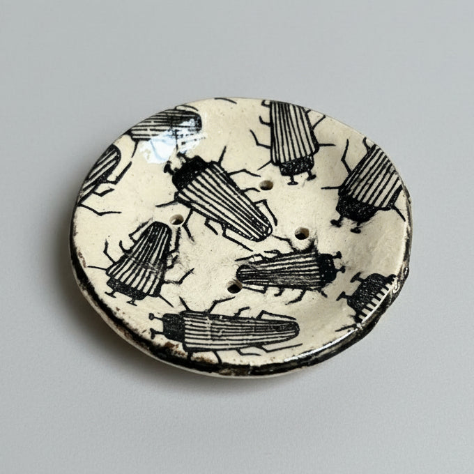 Cabinet of Creepers Handmade Ceramic Soap Dish – Insect & Moth Curiosity, Ø10 × 2 cm by Red Raven Pottery