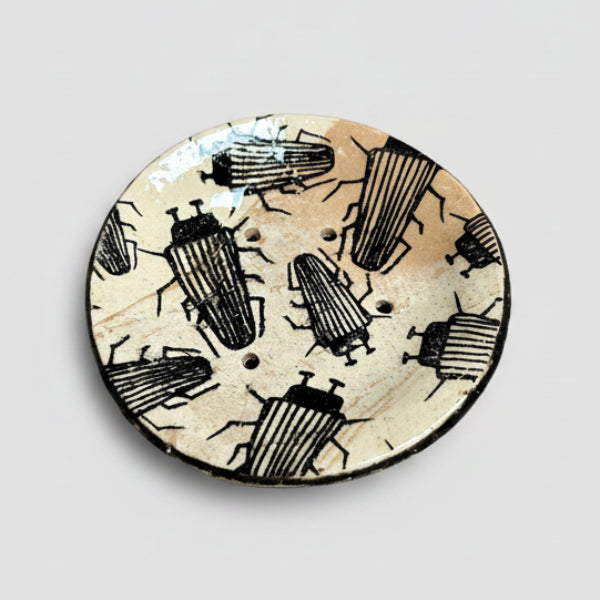 Cabinet of Creepers Handmade Ceramic Soap Dish – Insect & Moth Curiosity, Ø10 × 2 cm by Red Raven Pottery