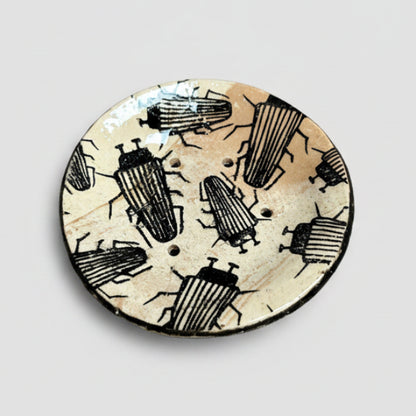 Cabinet of Creepers Handmade Ceramic Soap Dish – Insect & Moth Curiosity, Ø10 × 2 cm by Red Raven Pottery