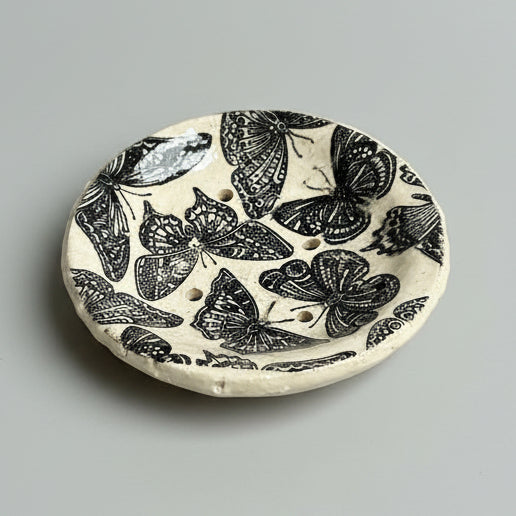 Cabinet of Creepers Handmade Ceramic Soap Dish – Insect & Moth Curiosity, Ø10 × 2 cm by Red Raven Pottery