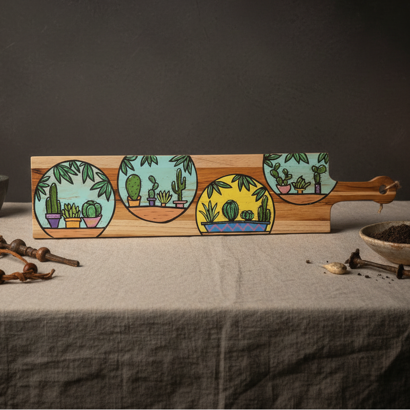 Cactus Scape Painted Tray – Desert Lineage Serving Board, 70 × 14.5 cm by Hook & Hex