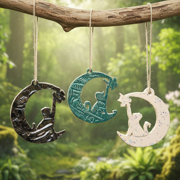 Cat in the Moon Ceramic Talisman – Lunar Watch Charm, Ø7.5 cm by Red Raven Pottery