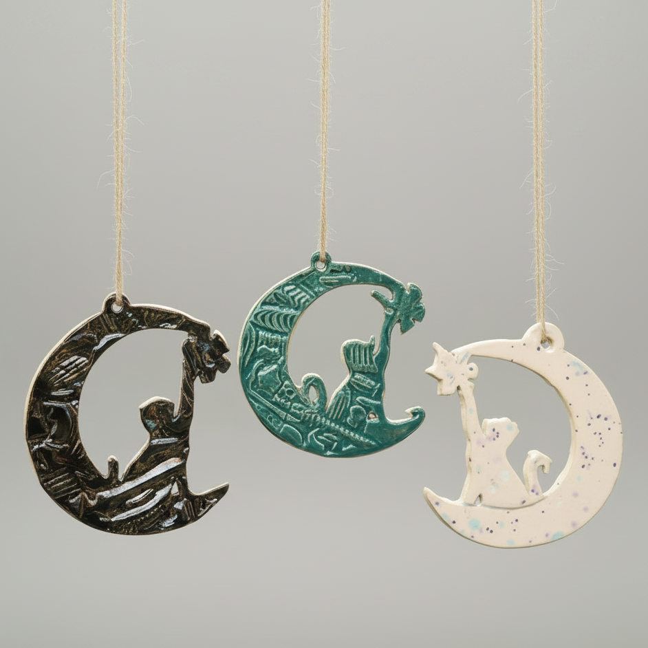 Cat in the Moon Ceramic Talisman – Lunar Watch Charm, Ø7.5 cm by Red Raven Pottery