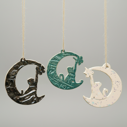 Cat in the Moon Ceramic Talisman – Lunar Watch Charm, Ø7.5 cm by Red Raven Pottery