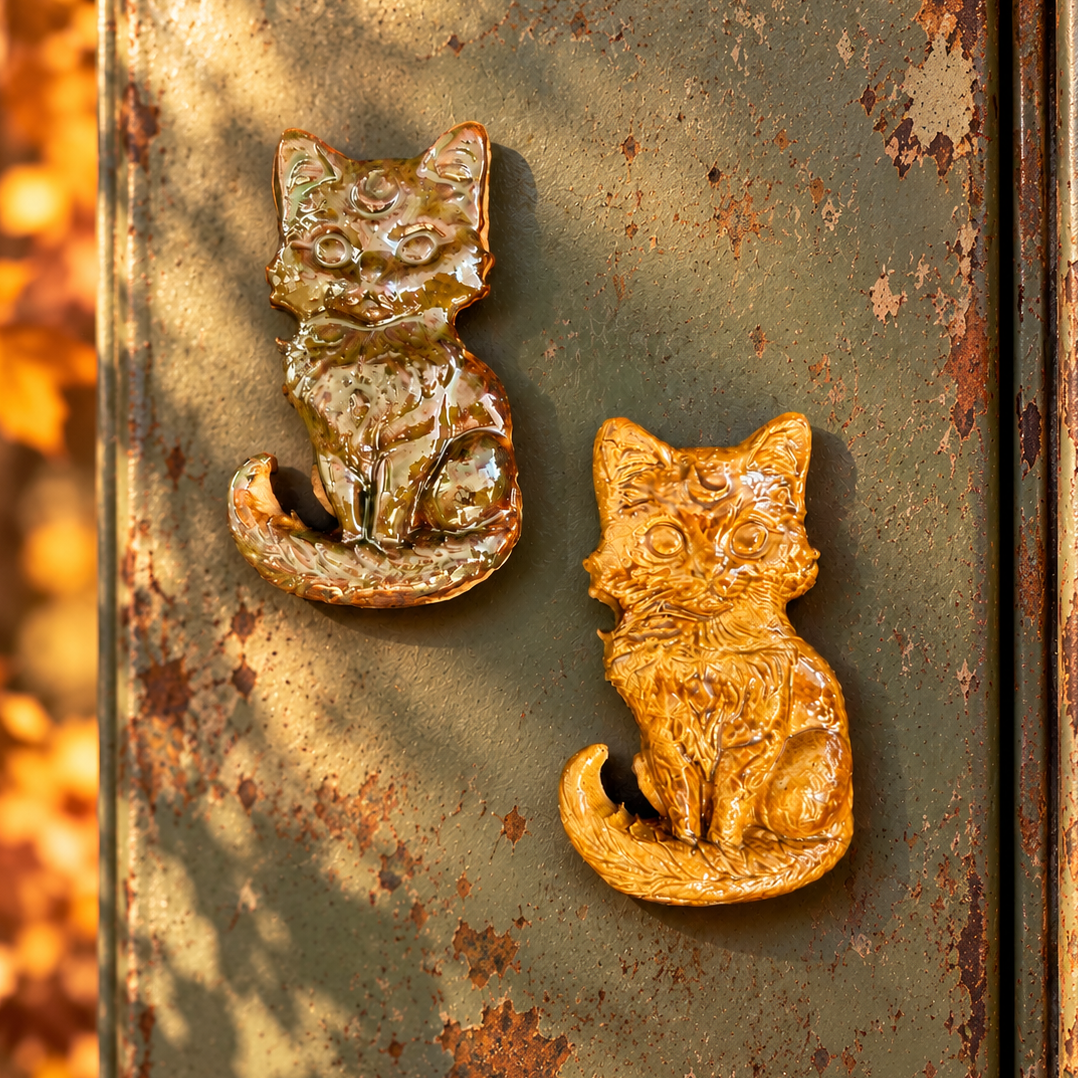 Celestial Feline Handmade Ceramic Fridge Magnet – Mystic Cat Familiar, 6.5 × 3.5 × 0.5 cm by Red Raven Pottery