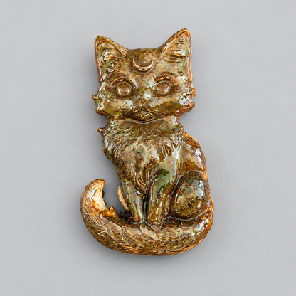 Celestial Feline Handmade Ceramic Fridge Magnet – Mystic Cat Familiar, 6.5 × 3.5 × 0.5 cm by Red Raven Pottery