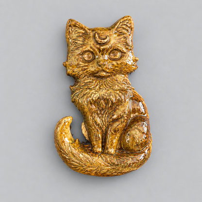 Celestial Feline Handmade Ceramic Fridge Magnet – Mystic Cat Familiar, 6.5 × 3.5 × 0.5 cm by Red Raven Pottery