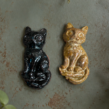Celestial Feline Ceramic Magnet – Cosmic Companion Ceramic Accent, 5×2.3 cm by Red Raven Pottery