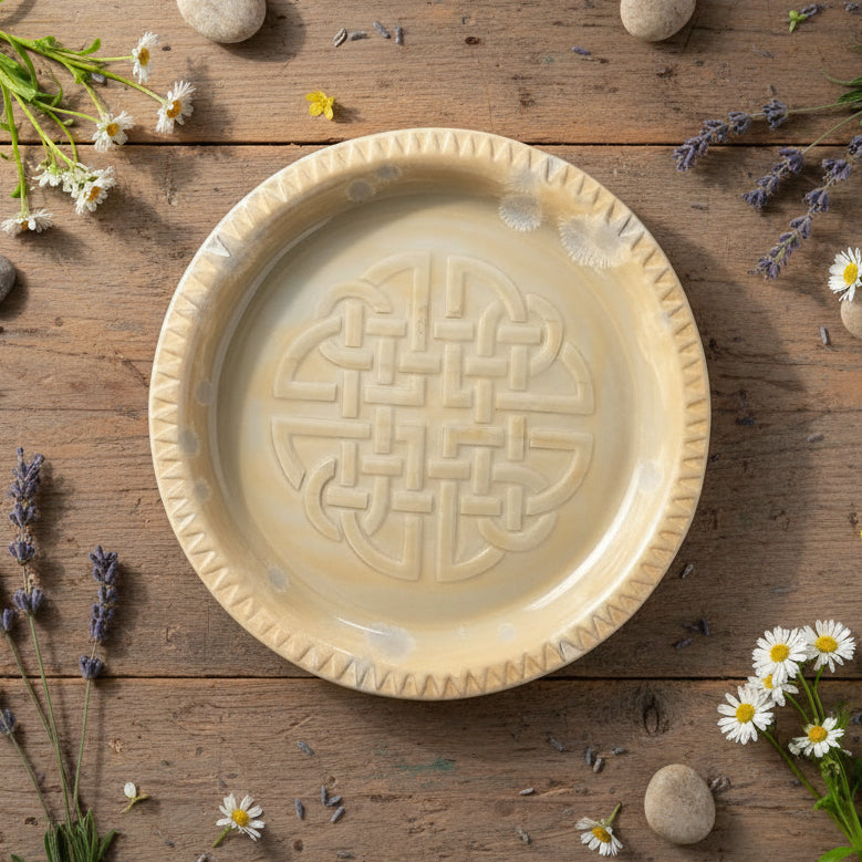 Celtic Soul Ceramic Plate – Endless Knot Of Heritage And Connection, Ø21×1.5 cm by Red Raven Pottery