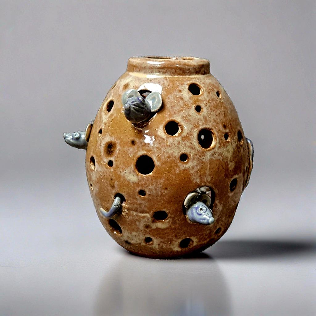 Cheese Burrow Ceramic Vase – Whimsical Mouse-Hollow Vessel, Ø11×13 cm by Red Raven Pottery