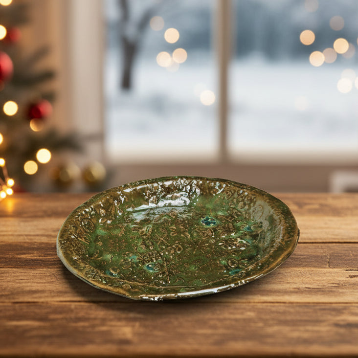 Christmas Story Ceramic Trinket Dish – Evergreen Keepsake Catchall, Ø16×2 cm by Red Raven Pottery