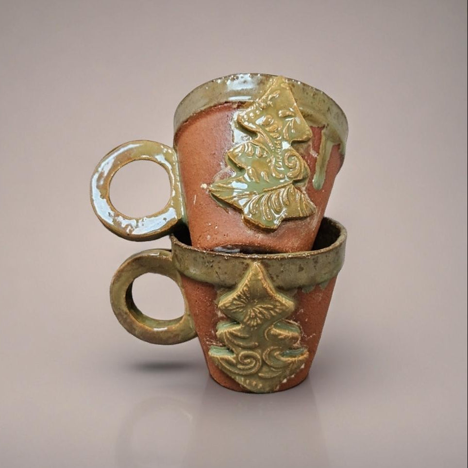 Christmas Tree Ceramic Coffee Cups – Set of 2 Festive Holiday Vessels, Ø8.5×7.5 cm by Red Raven Pottery